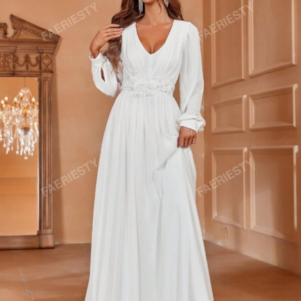 Faeriesty Applique V-Neck Lantern Sleeve Wedding Dress - NEW, Size L